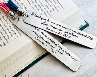 Wedding Reader Bookmark, Silver Metal Bookmark Engraved and Personalized, Thank You For Being A Part Of Our Special Day, Tassel Color Option