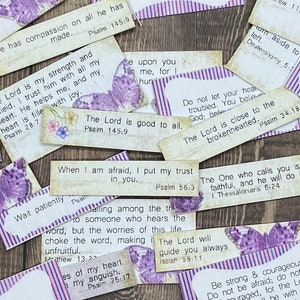 May include: Purple and white cards with inspirational bible verses and butterfly images. The cards have a distressed, vintage look.