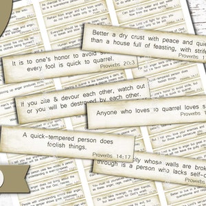 May include: A set of printable Bible verse stickers on anger. The stickers feature a vintage aesthetic with a beige background and black text. The verses include Proverbs 14:17, Proverbs 17:1, Proverbs 17:19, Proverbs 20:3, and Proverbs 25:28.