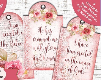 Rose Bible Verse Journal Taggar: Shabby Chic Ephemera (digital nedladdning)
