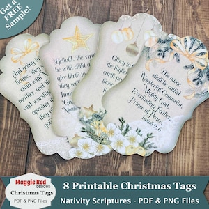 May include: Four scalloped-edge paper tags featuring Christmas-themed illustrations and religious scripture text. The designs include gold stars, ornaments, pine branches, and white flowers with beige backgrounds and elegant black typography.
