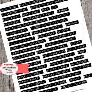 May include: A printable sheet featuring 101 Christmas words in a black, typewriter-style font. The words are arranged in rectangular blocks, including phrases like "Santa's Helper," "Jingle All the Way," and "Cookies for Santa." A red banner displays the title.