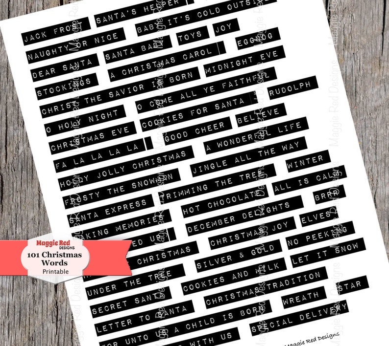 May include: A printable sheet featuring 101 Christmas words in a black, typewriter-style font. The words are arranged in rectangular blocks, including phrases like "Santa's Helper," "Jingle All the Way," and "Cookies for Santa." A red banner displays the title.