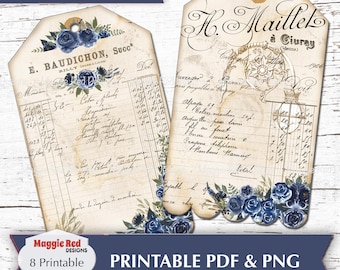 Puede incluir: Dos etiquetas de papel rectangulares con esquinas redondeadas y un orificio superior, que presentan texto de factura francesa antigua, escritura a mano e ilustraciones de rosas azul oscuro sobre un fondo de papel envejecido color crema.