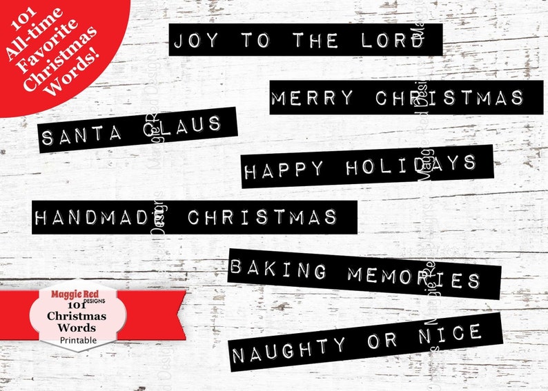 May include: A collection of black rectangular signs with white text, featuring Christmas-themed phrases like "Merry Christmas" and "Santa Claus." The signs are arranged on a white, weathered wood background. A red banner with text is in the image.