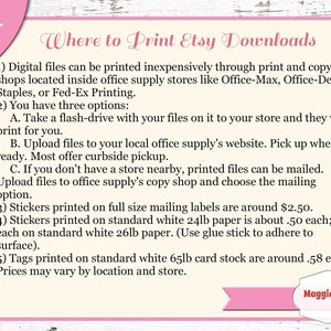 May include: A pink and white graphic with the text "Where to Print Etsy Downloads." The text provides instructions for printing digital files, including options for office supply stores, online uploads, and mailing services. The graphic also includes the Maggie Red Designs logo.
