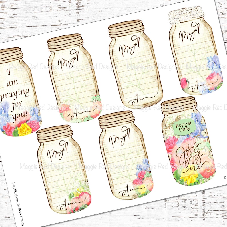 Op de afbeelding: Een set van zeven rechthoekige kaarten in de vorm van weckpotten, met gelinieerde achtergronden, bloemenillustraties en handgeschreven tekst waaronder "I am praying for you!", "Prayer", "Amen", "Repeat Daily" en "Jesus loves me".