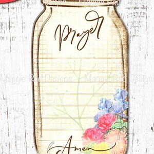 Op de afbeelding: Een kaart in de vorm van een weckpot met een rasterachtergrond, met het woord Prayer bovenaan en Amen onderaan in bruin handschrift. Het ontwerp bevat een boeket van kleurrijke aquarelbloemen in roze, geel en blauw aan de onderkant.