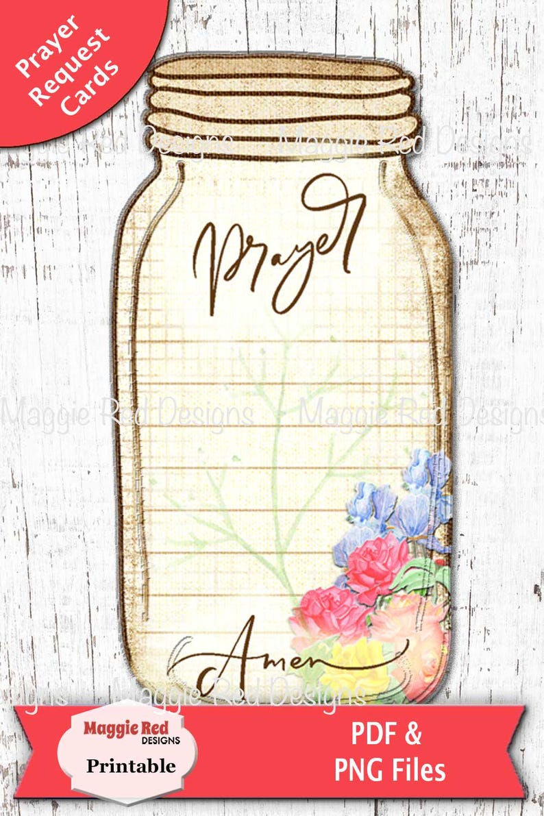 Op de afbeelding: Een kaart in de vorm van een weckpot met een rasterachtergrond, met het woord Prayer bovenaan en Amen onderaan in bruin handschrift. Het ontwerp bevat een boeket van kleurrijke aquarelbloemen in roze, geel en blauw aan de onderkant.