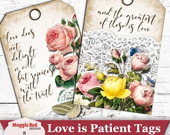 Geschriften liefde is geduldig Tags: bloemen, ephemera, bijbelvers (digitale download, pdf, png)