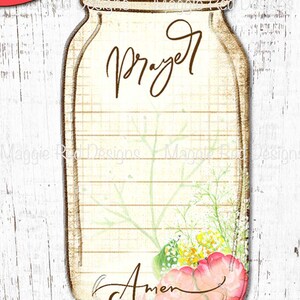 Op de afbeelding: Een kaart in de vorm van een weckpot met een cr&egrave;mekleurige achtergrond met horizontale lijnen, het woord Prayer bovenaan en het woord Amen onderaan. Het ontwerp bevat een aquarel bloemstuk met roze en gele bloemen aan de onderkant.