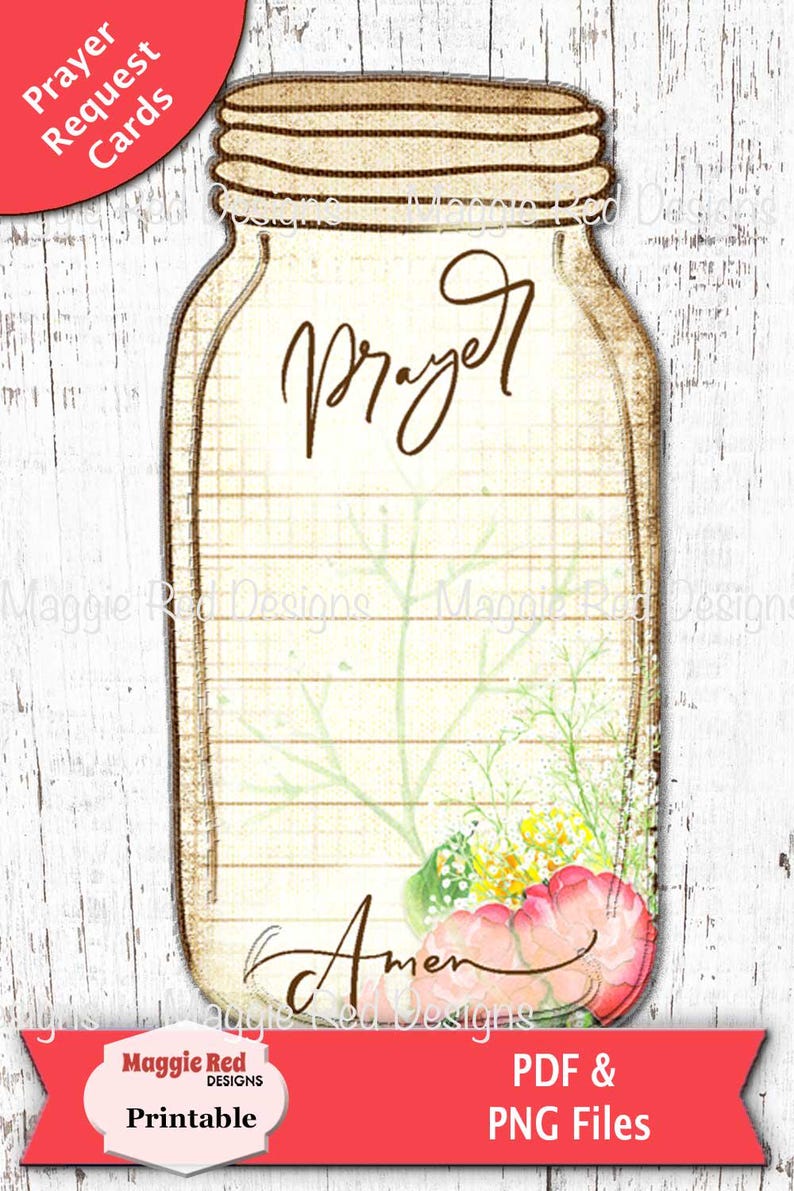 Op de afbeelding: Een kaart in de vorm van een weckpot met een cr&egrave;mekleurige achtergrond met horizontale lijnen, het woord Prayer bovenaan en het woord Amen onderaan. Het ontwerp bevat een aquarel bloemstuk met roze en gele bloemen aan de onderkant.