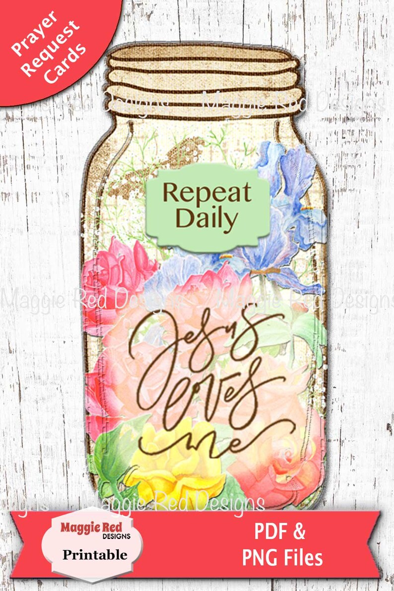 Op de afbeelding: Een kaart in de vorm van een weckpot met een bloemmotief van roze, gele en blauwe bloemen. De tekst "Repeat Daily" staat op een lichtgroen label en de tekst "Jesus loves me" is gecentreerd over de kleurrijke bloemenillustratie geplaatst.