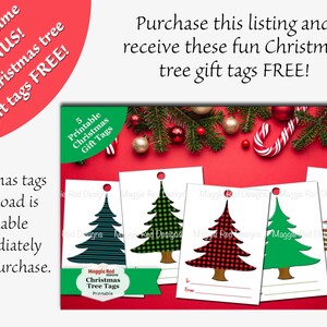 May include: Christmas tree gift tags with various designs, including striped, plaid, and solid green trees. The tags are on a red background with Christmas decorations and text that reads "Christmas Tree Tags Printable".