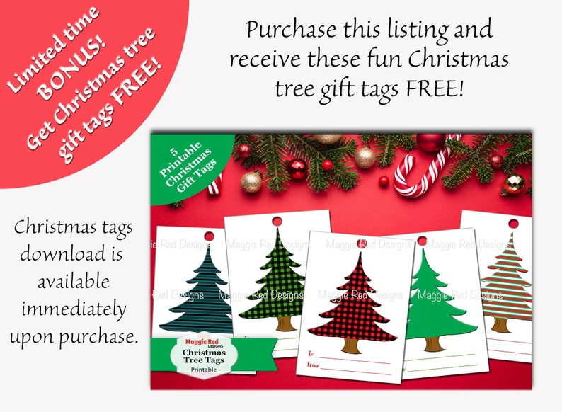 May include: Christmas tree gift tags with various designs, including striped, plaid, and solid green trees. The tags are on a red background with Christmas decorations and text that reads "Christmas Tree Tags Printable".