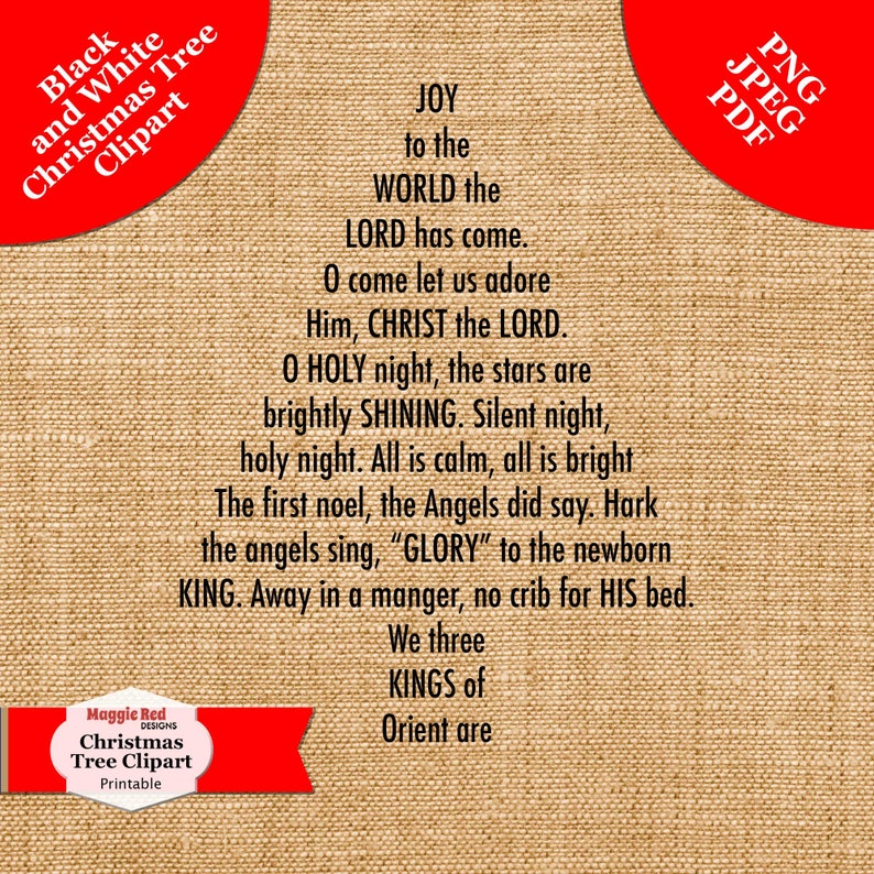 Christmas Tree Clipart Black and White Music Carol Words Etsy