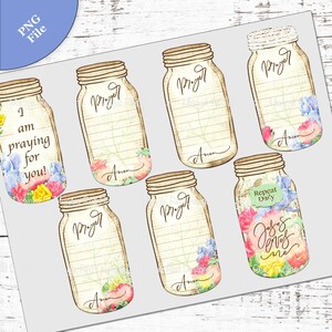 Op de afbeelding: Een digitale collectie van zeven illustraties van weckpotten met gelinieerde achtergronden, florale aquarelaccenten en handgeschreven tekst waaronder Prayer, Amen, I am praying for you, Repeat Daily en Jesus loves me in diverse schrijfletters.