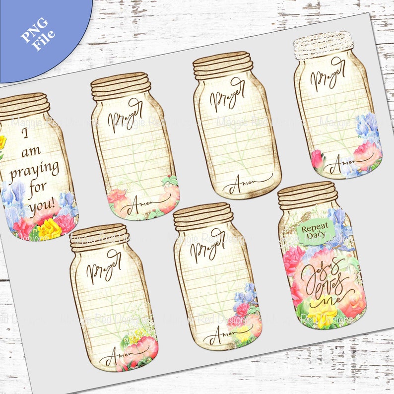 Op de afbeelding: Een digitale collectie van zeven illustraties van weckpotten met gelinieerde achtergronden, florale aquarelaccenten en handgeschreven tekst waaronder Prayer, Amen, I am praying for you, Repeat Daily en Jesus loves me in diverse schrijfletters.