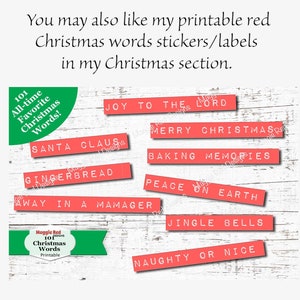 May include: Printable red Christmas words stickers/labels. The image features red rectangular labels with white text, including phrases like "Merry Christmas" and "Santa Claus." A green banner reads "101 All-time Favorite Christmas Words!"
