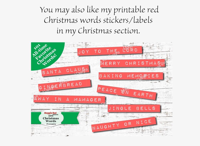 May include: Printable red Christmas words stickers/labels. The image features red rectangular labels with white text, including phrases like "Merry Christmas" and "Santa Claus." A green banner reads "101 All-time Favorite Christmas Words!"