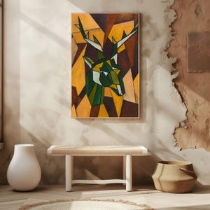 Stampa artistica astratta di cervi - Arte murale geometrica della fauna selvatica, poster moderno di cervi gialli e verdi, decorazione incorniciata ispirata alla natura per spazi rustici