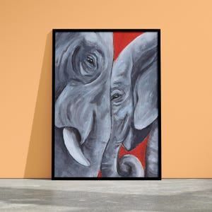 Stampa artistica Elephant Love - Dipinto espressivo della fauna selvatica, sfondo rosso, decorazione da parete moderna con elefante incorniciata