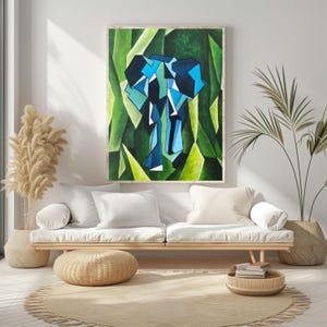Stampa artistica astratta di elefante - Arte murale geometrica della fauna selvatica, poster moderno di elefante verde e blu, decorazione della giungla incorniciata per gli amanti della natura