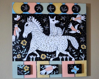 Original, Miniature Horse, Dimensional, Folk Art, Whimsical, Colorful, Dog, Flowers, Birds, Fire Flies, Butterflies,*READ DESCRIPTION BELOW