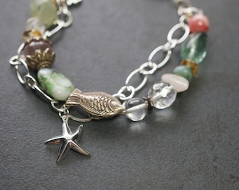 Ocean Inspired, Sterling Silver, Fish, Starfish, Semi Precious, Cable Chain, Charm, Small Double Bracelet,*READ DESCRIPTION BELOW