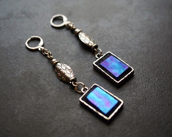 Artisan Iridescent Glass Dangle Earrings: Modern Boho Lever Back Hoops