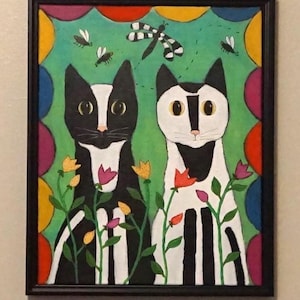 Black and White Cats Folk Art Painting 16 x 20 Acrylic Canvas Whimsical Folk Art