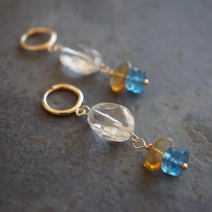Dangle Gemstone Earrings Quartz Citrine Blue Topaz Yellow Gold Filled Findings