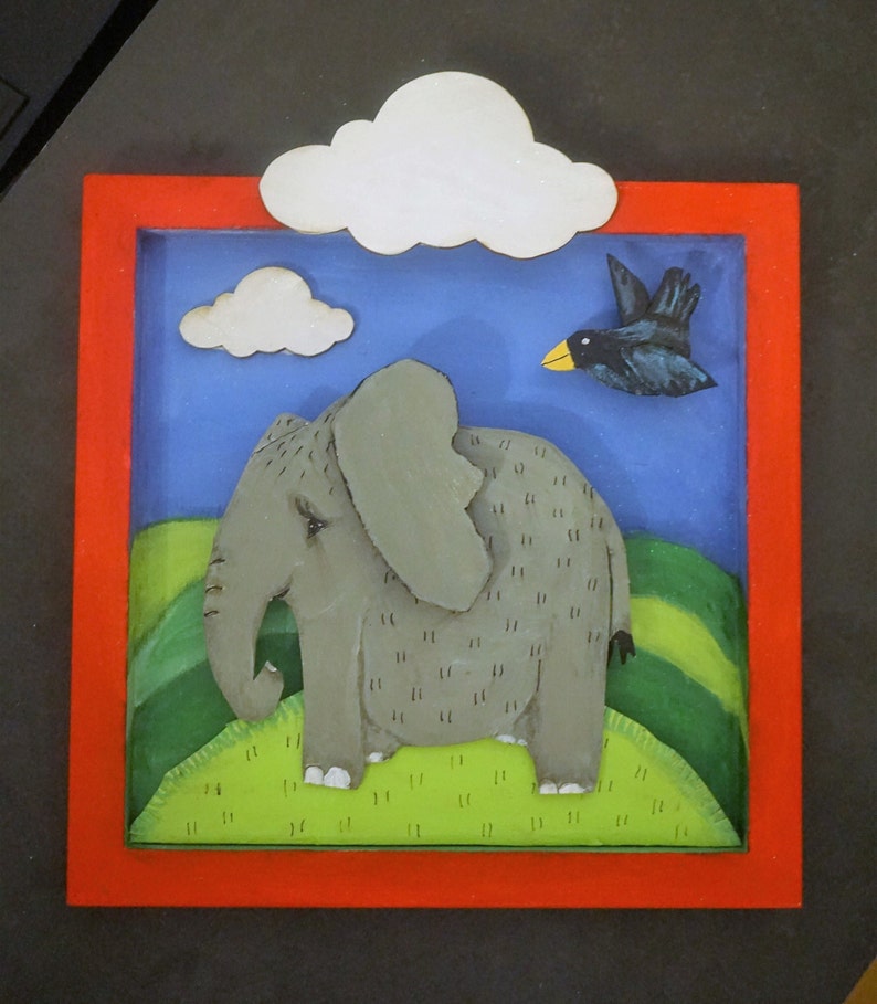 Folk Art Elephant, Shadow Box, Diorama, Whimsical Folk Art, Crow