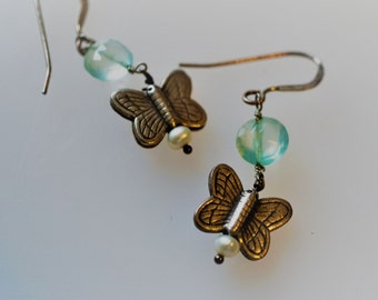 Sterling, Chalcedony, Seed Pearl, Detailed Butterfly Drop Earrings, Sterling Ear Wires,*READ DESCRIPTION BELOW