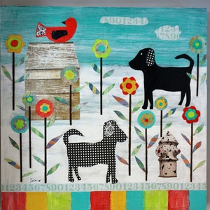 Original,Whimsical,Rusted Metal,Mixed Media, Dog, Bird, 16 x 16 Colorful Folk Art,READ DESCRIPTION BELOW image 1