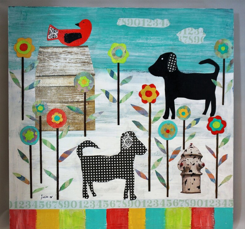 Original,Whimsical,Rusted Metal,Mixed Media, Dog, Bird, 16 x 16 Colorful Folk Art,READ DESCRIPTION BELOW image 1