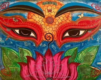 Puede incluir: Una pintura vibrante que presenta ojos grandes y estilizados con párpados rojos y dorados, sobre un fondo azul. Una flor de loto rosa brillante se encuentra en la parte inferior, rodeada de hojas verdes. Pequeñas mariposas aparecen cerca de los ojos.