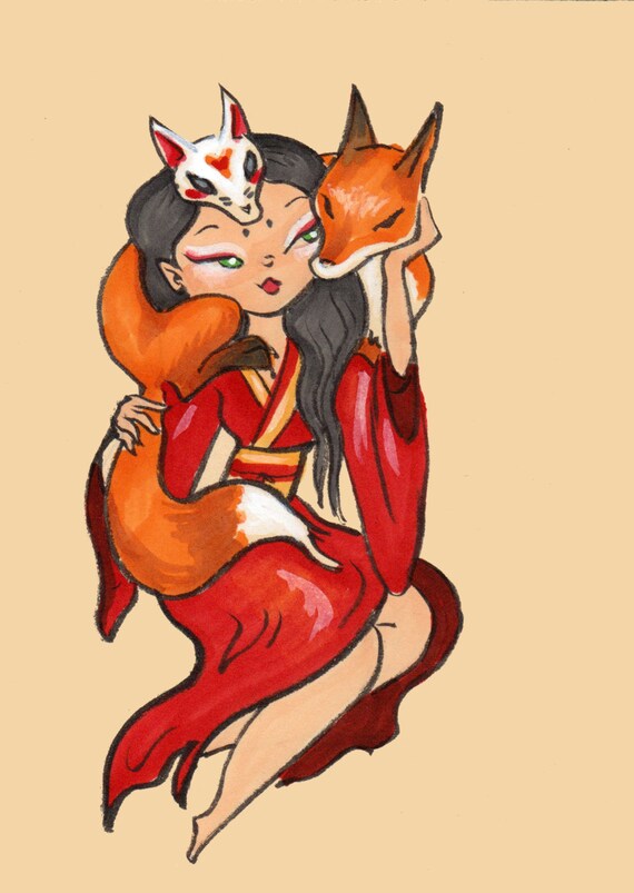 Japanese Red Kitsune Fox Girl Anime Drawing Etsy