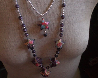 Rave Origami Stars Necklace in Blue and silver beads double Strand