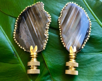 Pair of Rhinestone Trim Brown Black Agate Slice Lamp Finials