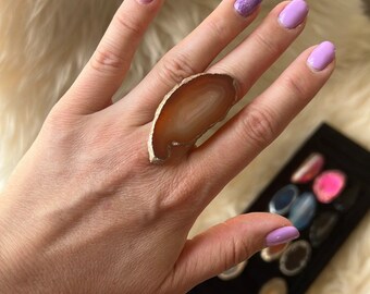 Agate slice ring Brown with Gold trim Adjustable Cocktail Costume Ring