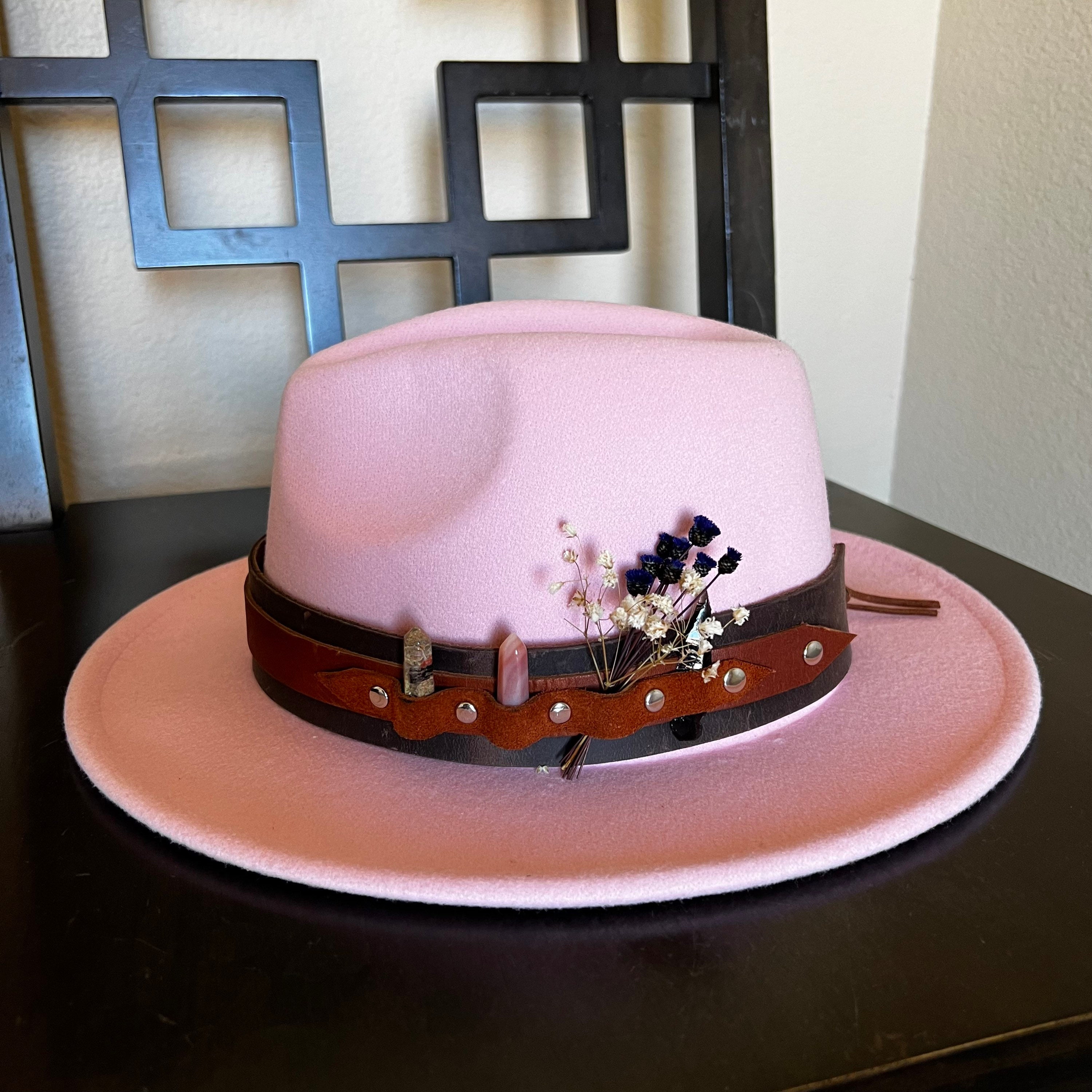 Handmade Bandolier fedora hat with crystal bullets obsidian arrowhead and floral Handmade Bandolier With Crystal Bullets Obsidian Arrowhead  main image 3