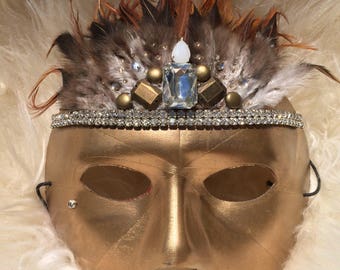 Rave Flapper Feather Rhinestone Costume Burning Man Face Mask