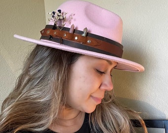 Handmade Bandolier with crystal bullets obsidian arrowhead and floral on a fedora hat