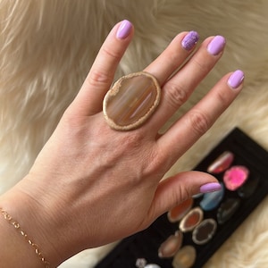 Tan Burnt Orange Agate Ring Gold plated Brass Adjustable band