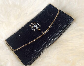 Jeweled embellished embossed vegan leather clutch and crossbody with inside pockets