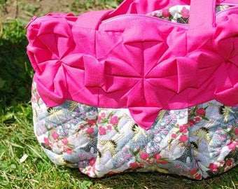 Pink  Origami Flowers on a Japanese quilted Crane Print Purse