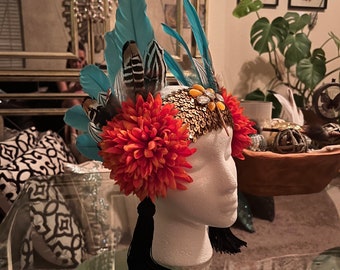 Burning Man Rave Fall Festival orange flowers mixed feathers goddess headdress