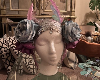 Burning Man Rave Festival purple blue green flower feathers goddess headdress