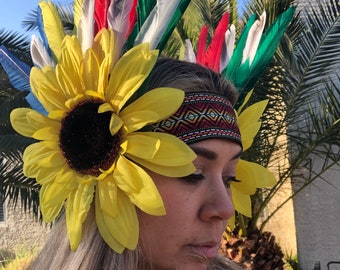 Burning Man Rave Sunflower feathers goddess headdress